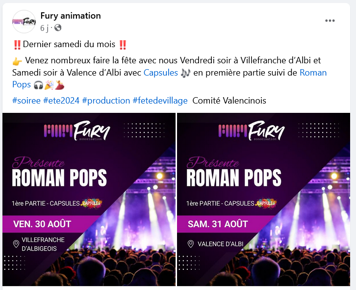 Exemple de publication sur la page Facebook de Fury Animation créée pat mes soins