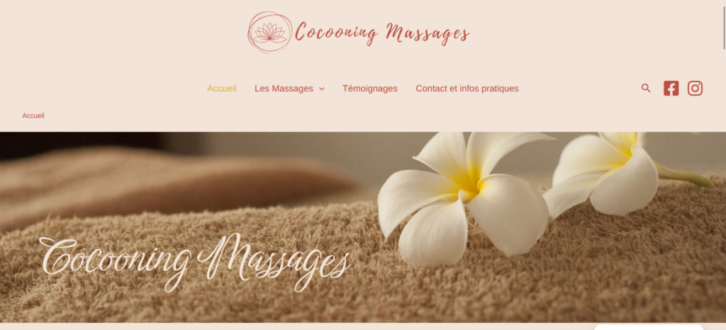 Page d'accueil du site web de Cocooning massages créé par Margaux.Com