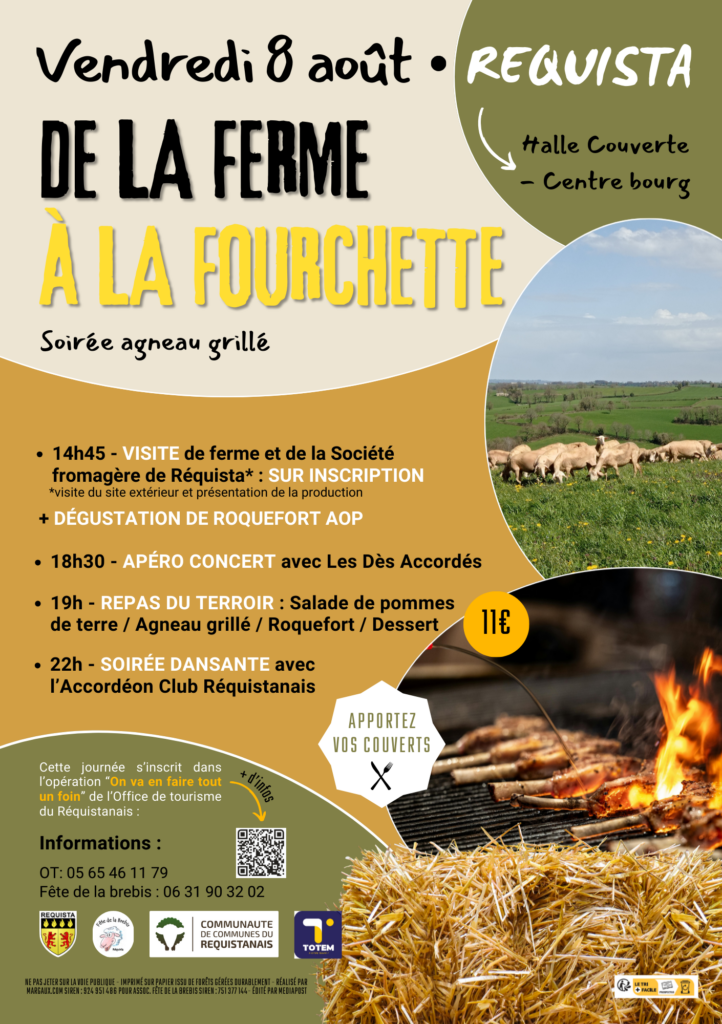 Affiche de la traditionnelle soirée agneau organisée par l'Association Fête de la brebis à Réquista chaque été. En 2025 ils l'ont renommée "De la ferme à la fourchette" et on demandé à Margaux.Com de réaliser l'affiche