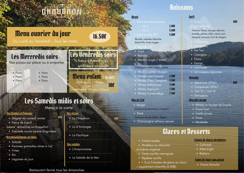 Set de table avec carte des boissons et plats réalisé par Margaux.Com