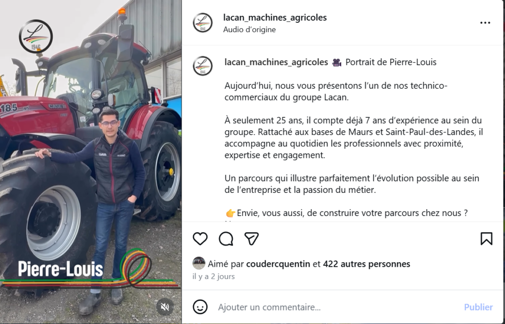Exemple de publication créée par Margaux.Com pour son client Lacan Machines Agricoles